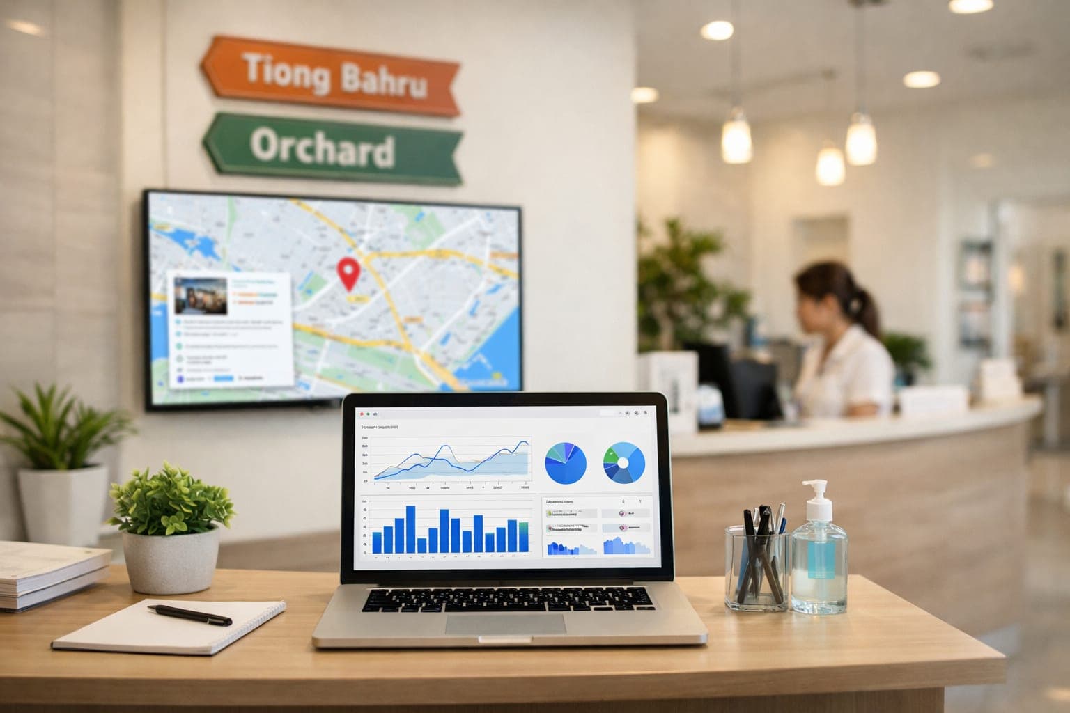Modern clinic reception with laptop analytics dashboard, Google Business Profile map, Singapore neighbourhood signage