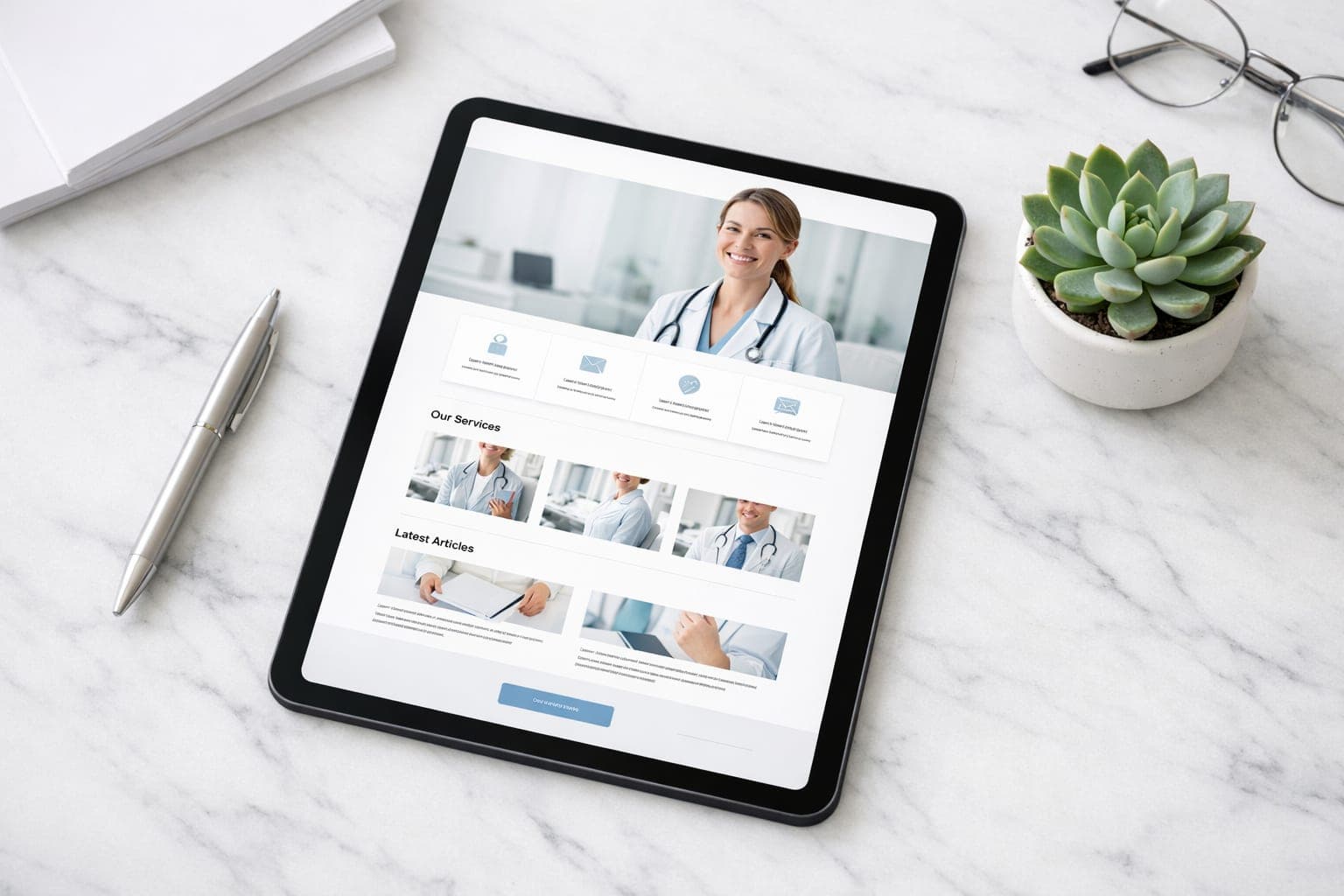 Modern dental clinic homepage on a laptop screen showing a clean layout and a clear booking button for a clinic website first impression.