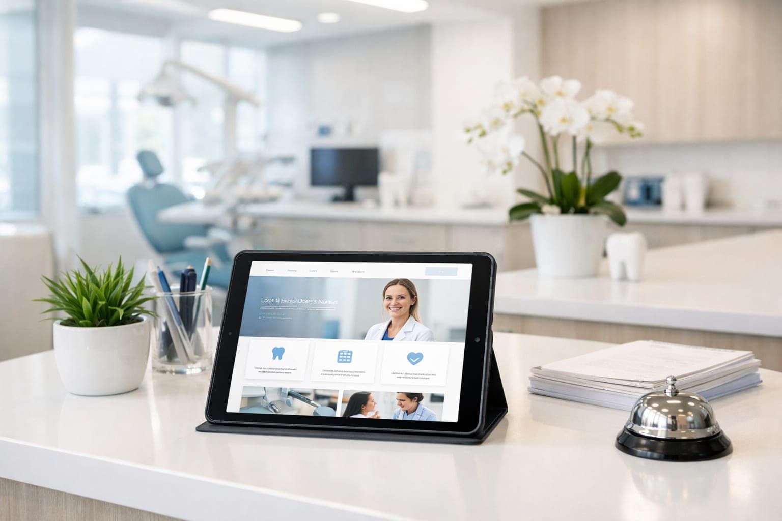 Modern dental clinic reception desk with a tablet showing a professional medical website for dental seo optimization.