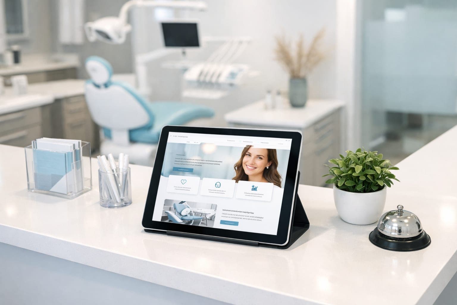 Modern dental clinic reception desk with a tablet displaying a professional dental website hours insurance page.