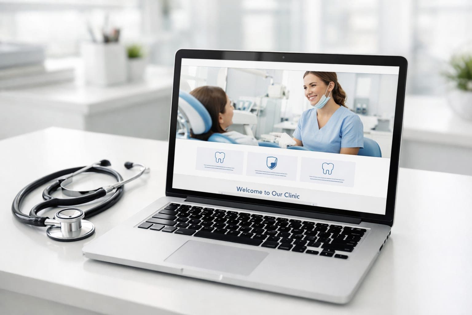 Modern laptop displaying a clean dental clinic website mockup next to a stethoscope on a bright white desk.