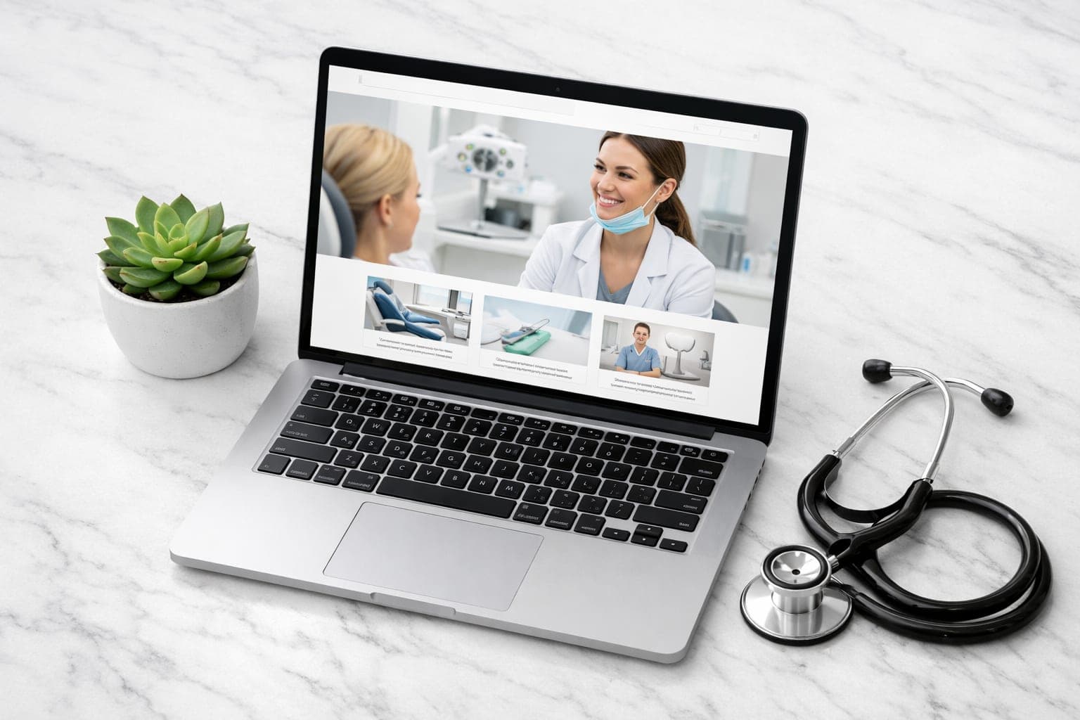 Modern laptop on a marble desk showing a dental clinic website for local SEO optimization next to a stethoscope.