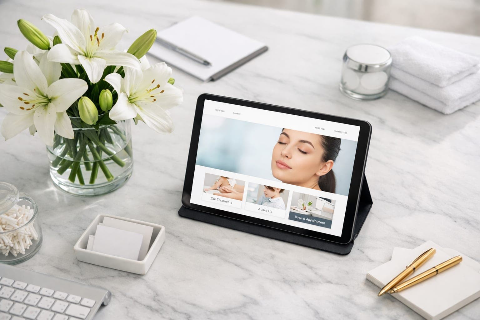Modern med spa reception desk with white lilies and a tablet displaying a professional clinic website for med spa marketing.
