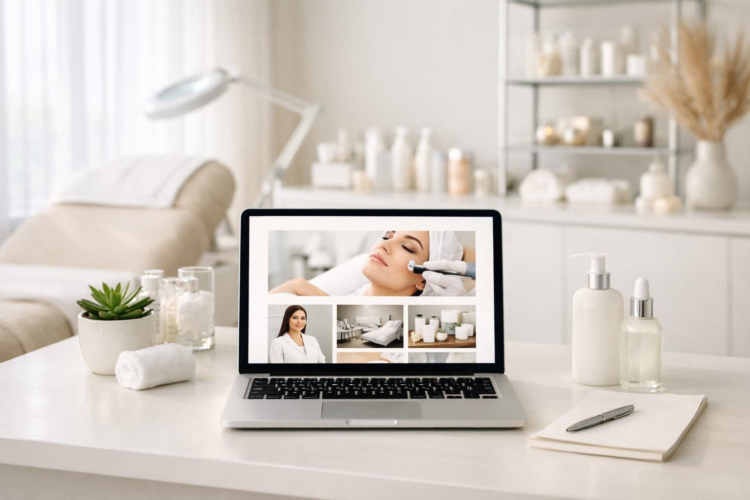 Modern med spa office with a laptop showing a professional med spa website design layout on a clean desk