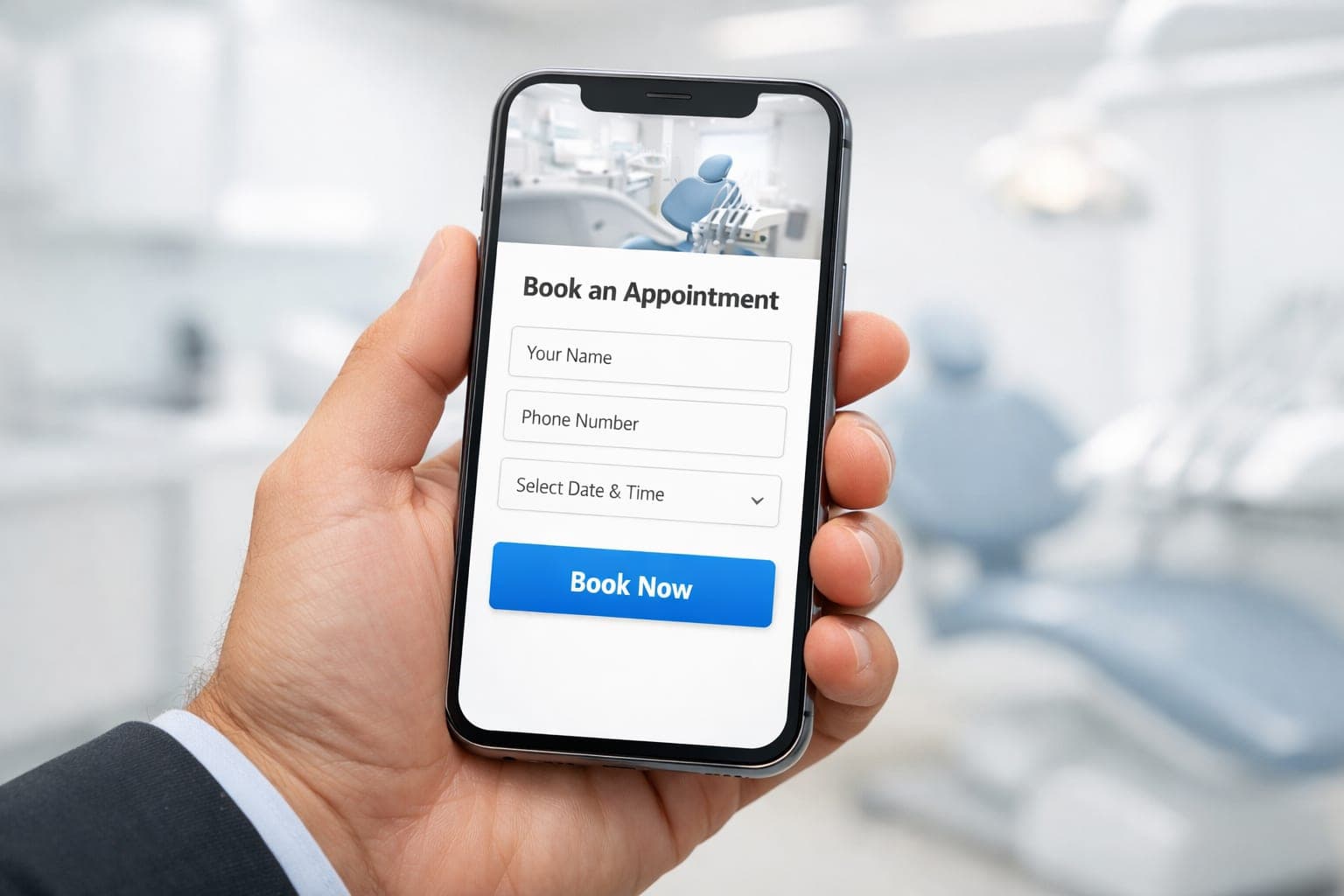 Hand holding a smartphone showing a bright dental clinic booking page with a blue action button for a mobile friendly dental website.