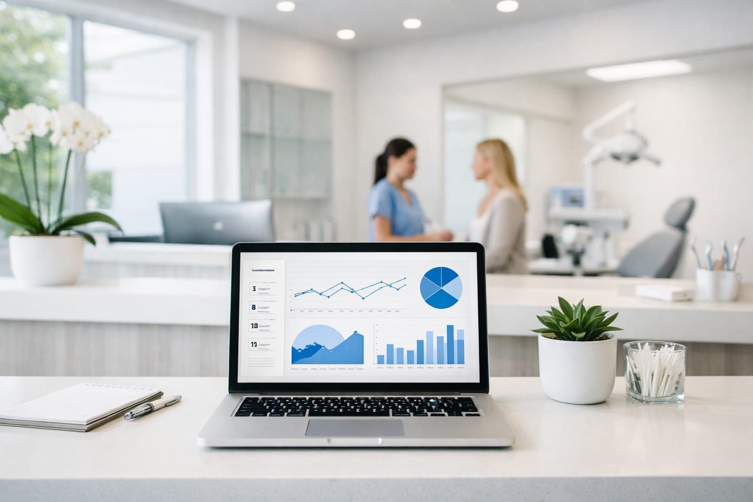 Bright modern dental office reception with laptop showing analytics dashboard natural light clean minimal decor illustrating orthodontic
