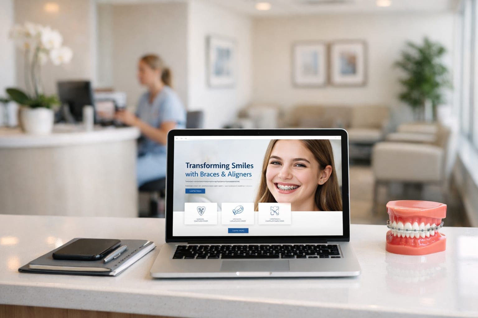Bright modern dental reception with laptop showing clean orthodontic website homepage under soft natural light