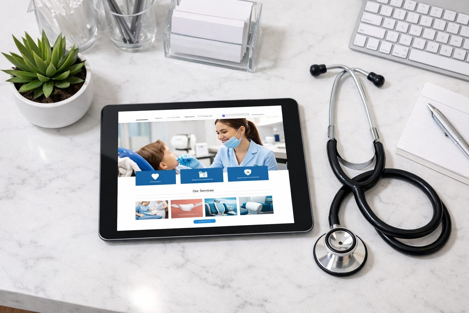 Modern dental clinic reception desk with a tablet showing a responsive website for dental SEO services.
