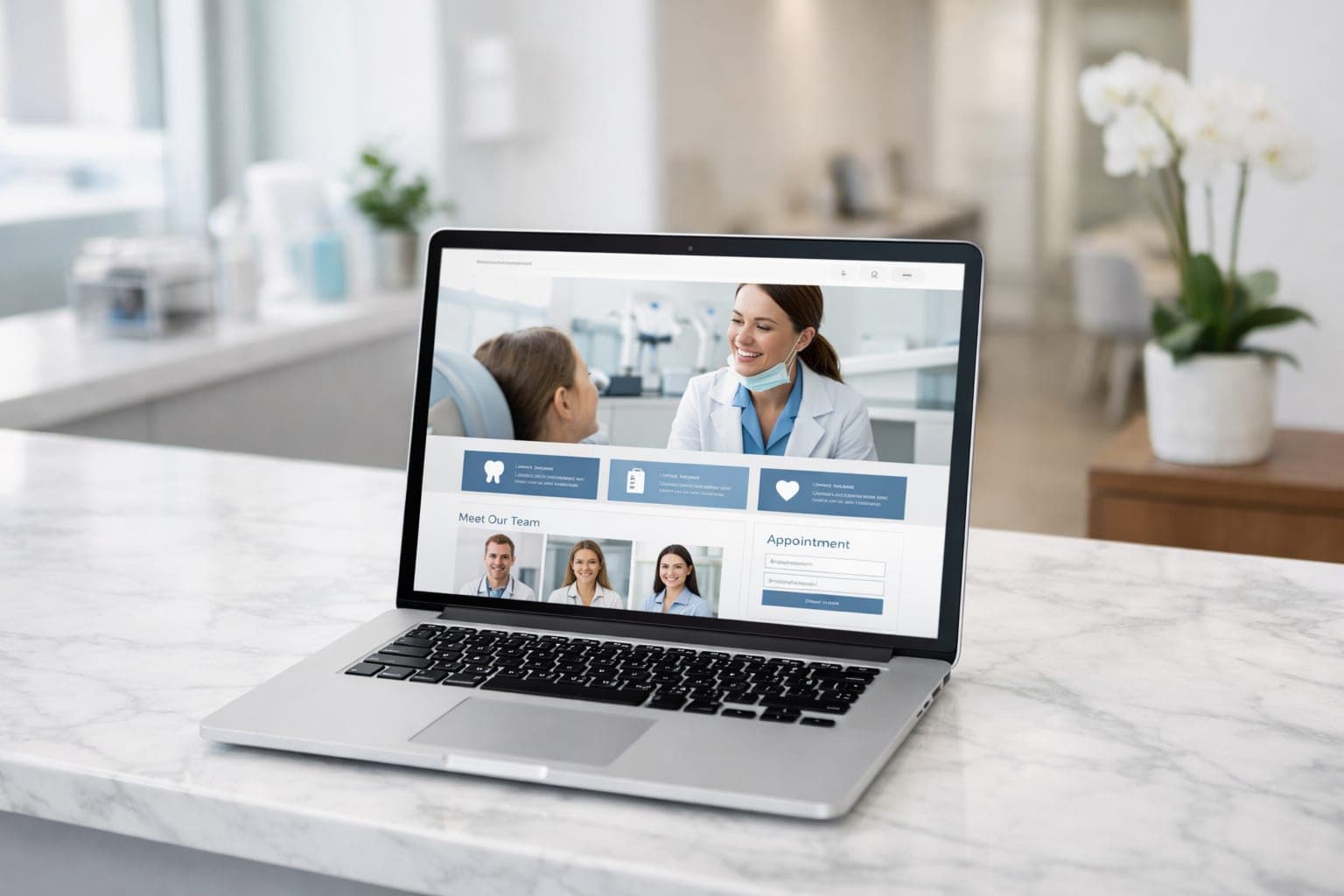 Modern laptop on a white marble desk in a dental clinic reception showing a professional healthcare web design SG layout.