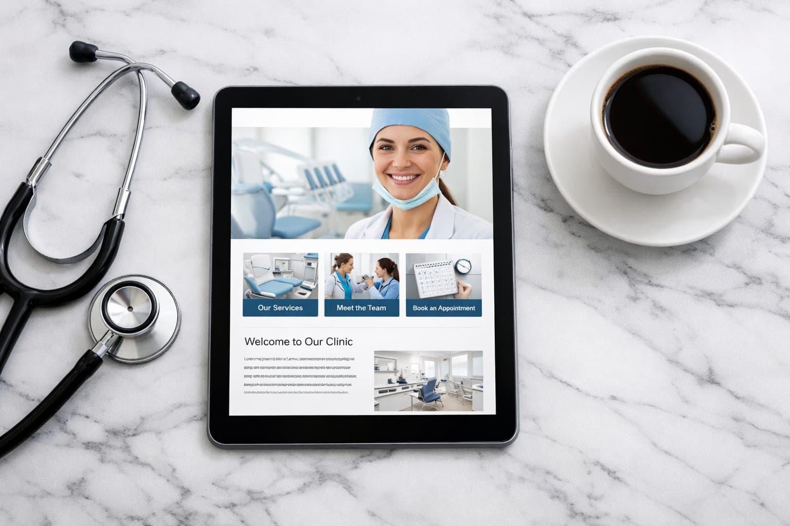 Modern tablet displaying a dental clinic website on a marble desk with a stethoscope and coffee cup.