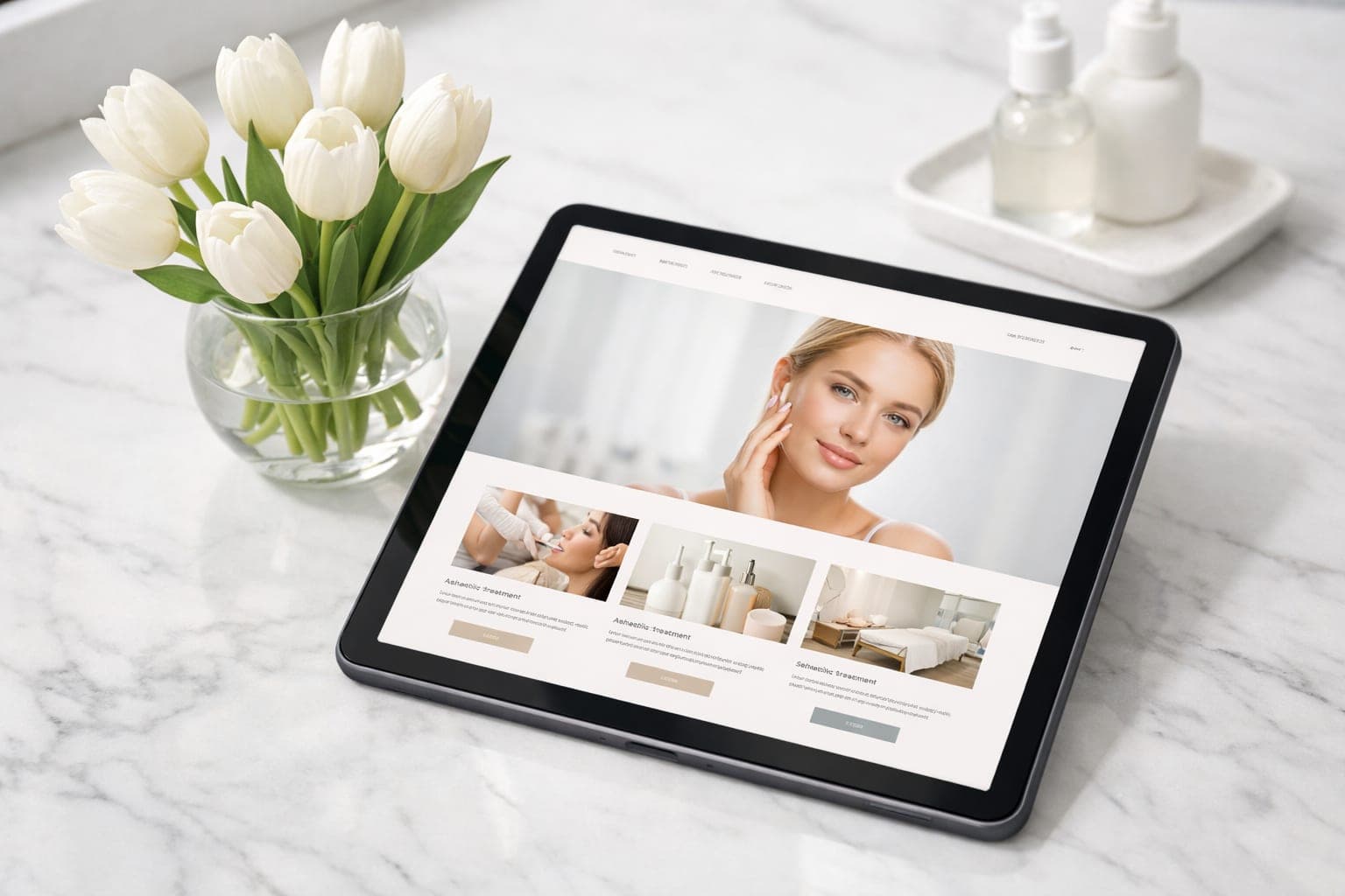 Modern tablet displaying a clean medical aesthetic website on a white marble counter with white tulips.