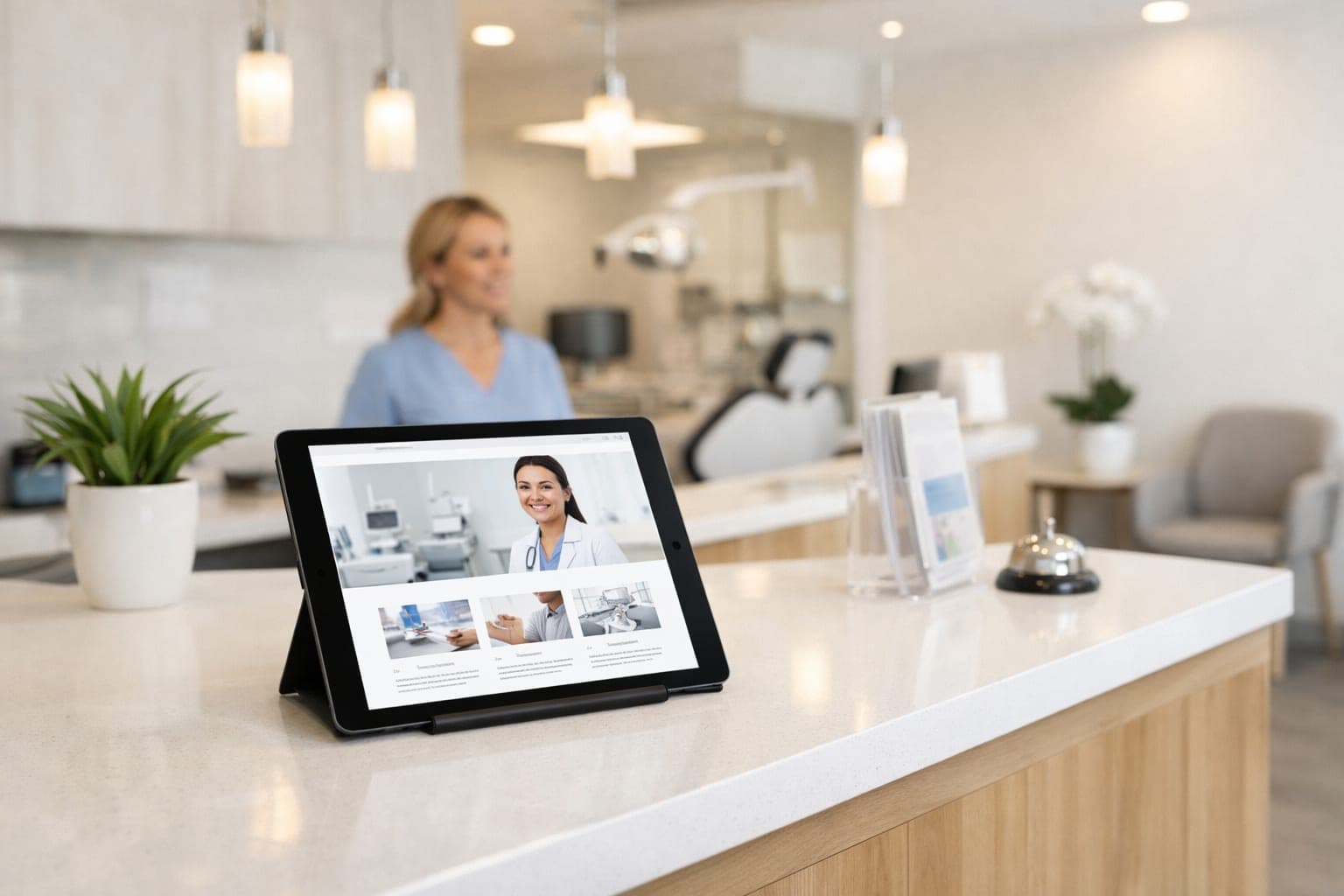 Modern dental clinic reception area with a tablet displaying a professional medical website for dental marketing.
