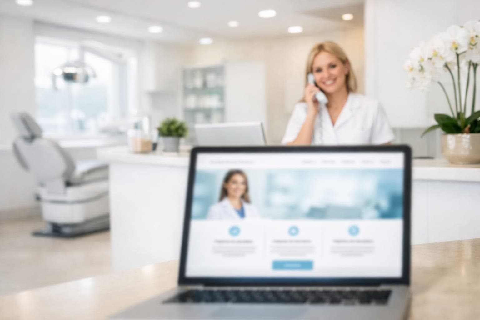 Modern dental clinic reception area with a laptop displaying a clean dental web design interface.