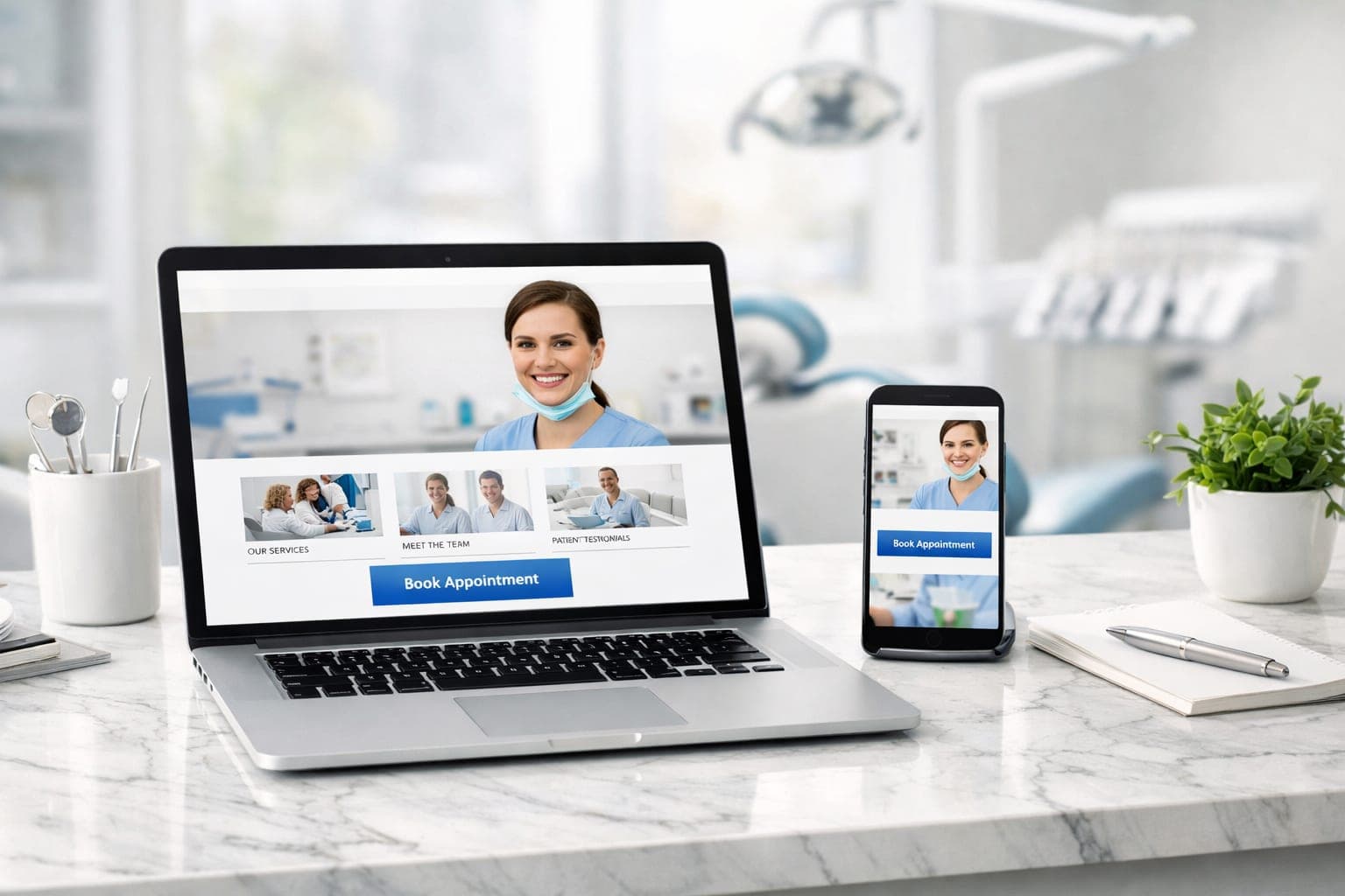 Modern laptop and smartphone showing a professional dental website with a Book Appointment button on a white marble desk.