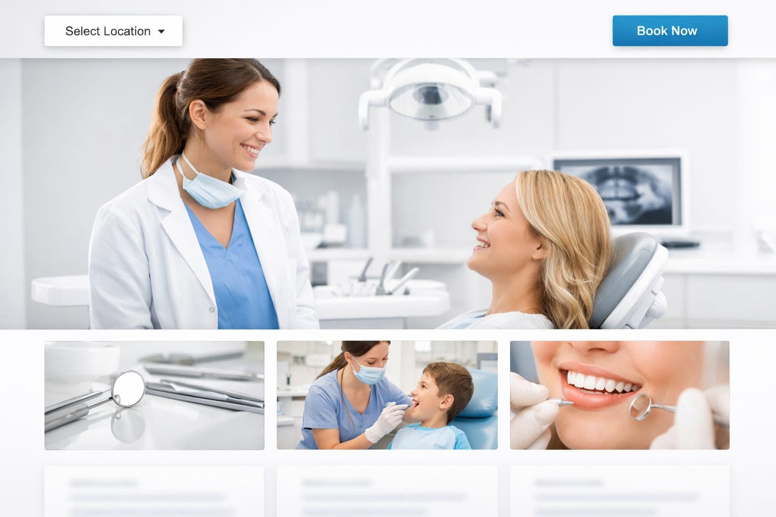 Dental clinic website homepage showing a locations dropdown menu and a prominent booking button in the header