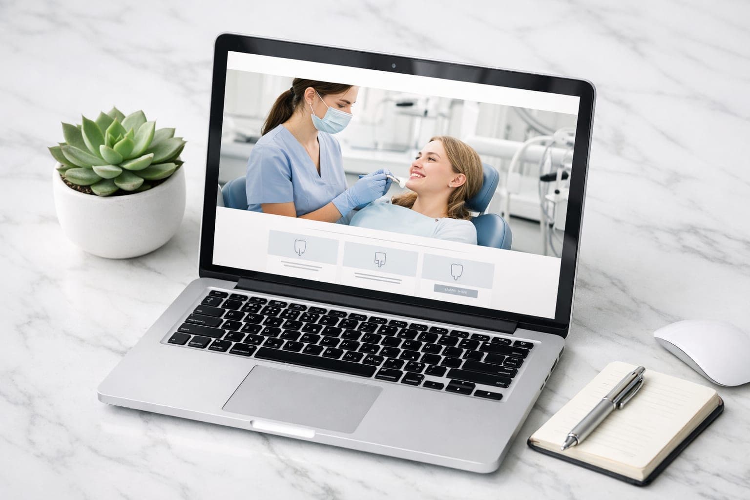 Modern laptop on a white marble desk displaying a clean teeth whitening landing page next to a small succulent.